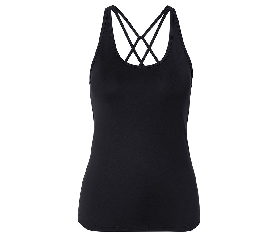 Schwarzes Tanktop mit überkreuzten Trägern im Rücken.