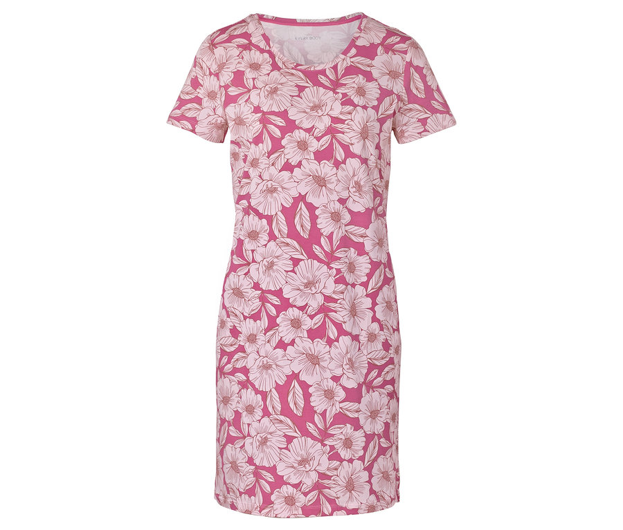 Ein rosafarbenes, kurzärmeliges Kleid mit einem weißen Blumenmuster.