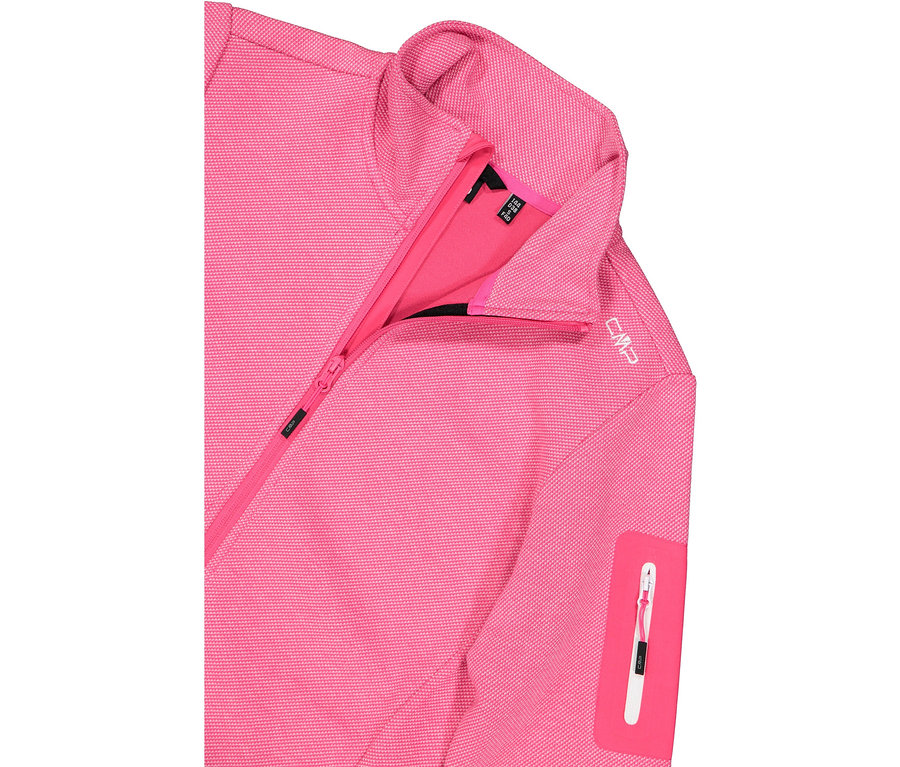 Nahaufnahme einer pinkfarbenen CMP-Jacke mit Reißverschluss und Ärmeltasche.