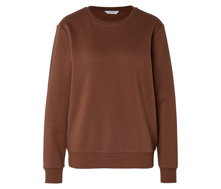 Ein cognacfarbenes Sweatshirt mit Rundhalsausschnitt, langen Ärmeln und gerippten Bündchen.
