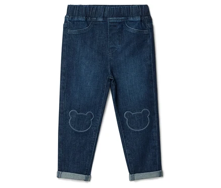 Dunkelblaue Kinder-Pull on pants – Fit »Luca« mit Gummibund, Taschen, Bären-Knie-Patches und umgeschlagenen Säumen.