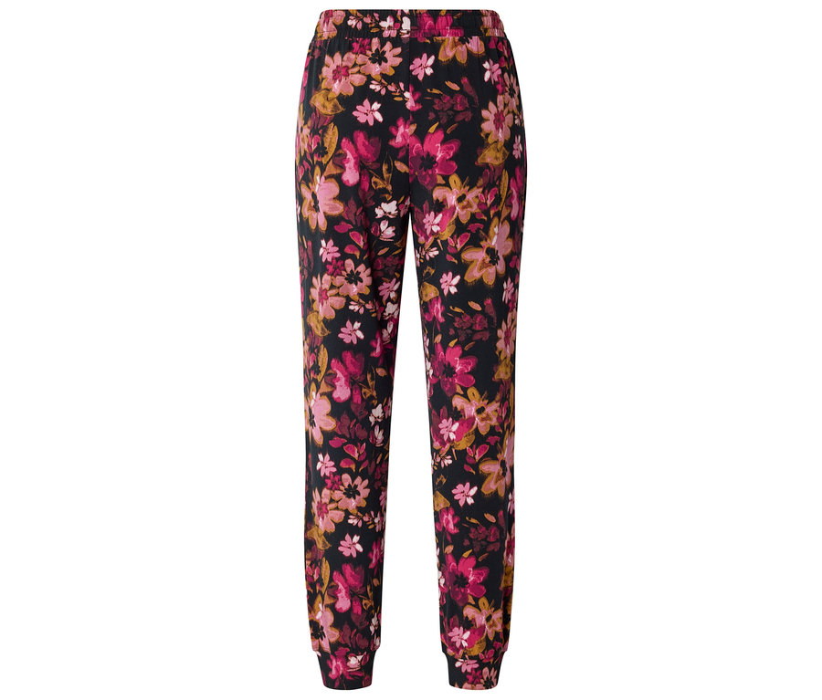 Hose mit Gummizugbund und pinkfarbenem und gelbem Blumenmuster.