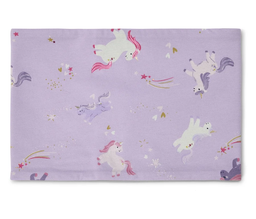 Lila Stoff mit Einhorn-, Stern- und Herzmuster.