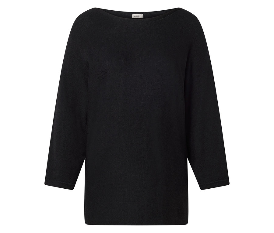 Schwarzer Pullover mit langen Ärmeln und U-Boot-Ausschnitt.