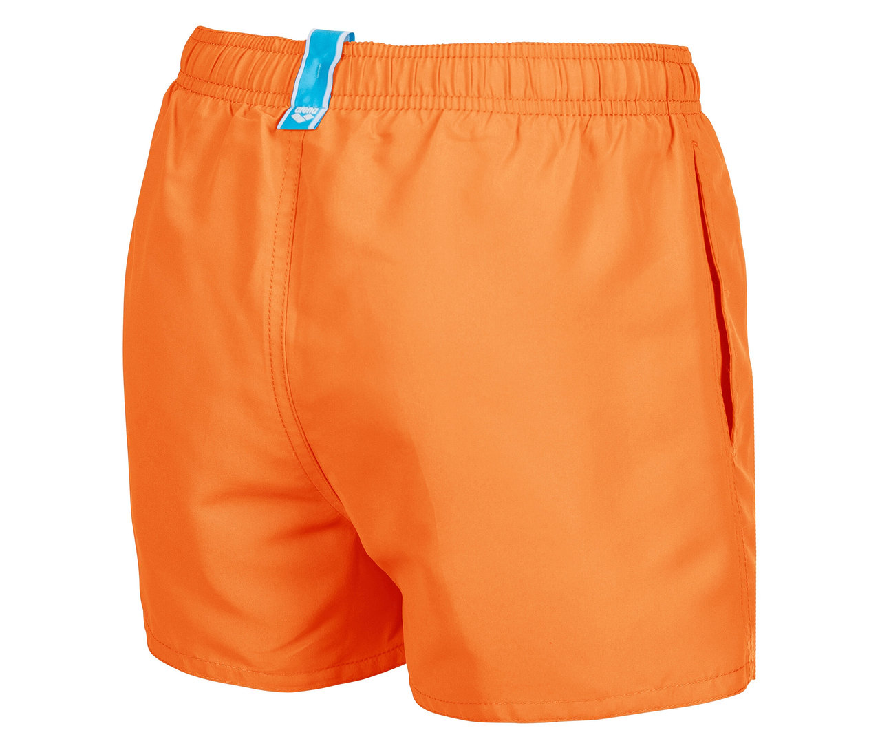 Nahaufnahme von orangefarbenen Badehosen mit Kordelzug und Tasche.