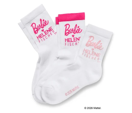 Drei weiße Socken mit Barbie und Helene Fischer Schriftzug in Pink.
