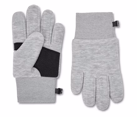 Ein Paar graue Handschuhe, wobei der linke Handschuh mit der Handfläche nach oben und der rechte Handschuh mit der Handfläche nach unten liegt.