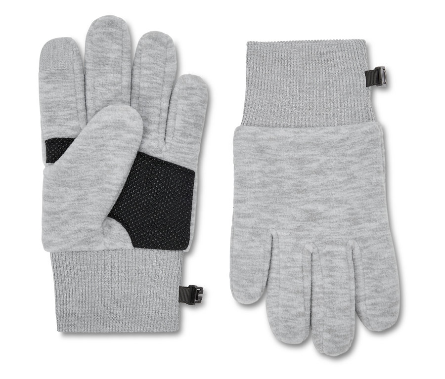 Ein Paar graue Handschuhe, wobei der linke Handschuh mit der Handfläche nach oben und der rechte Handschuh mit der Handfläche nach unten liegt.