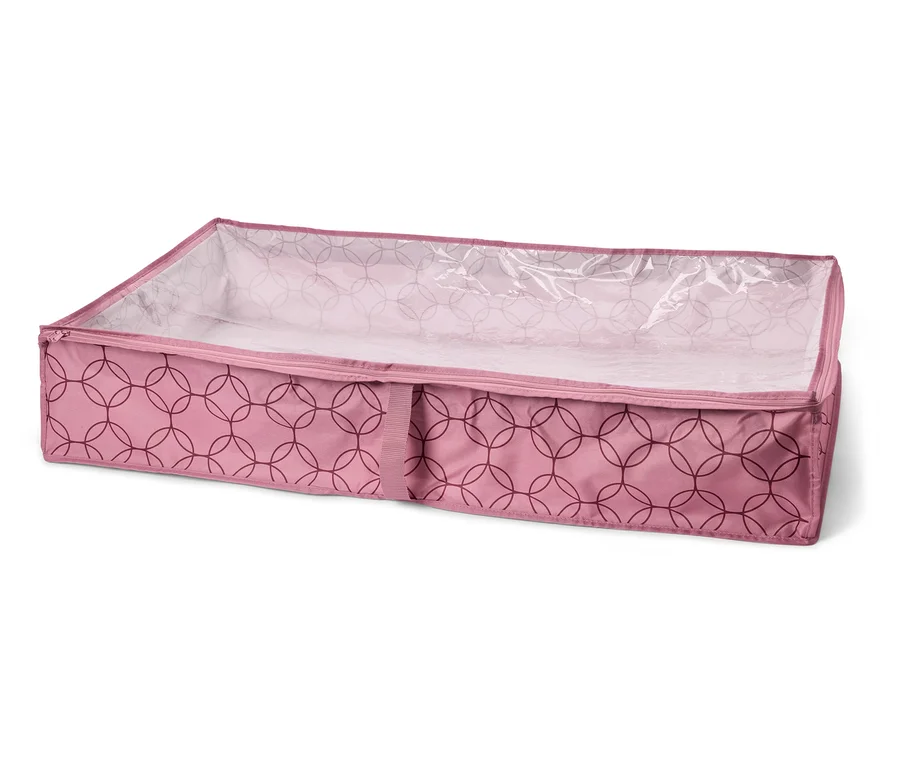 Eine rechteckige, rosa Aufbewahrungsbox mit Reißverschluss und Kreisdesign ist zu sehen.