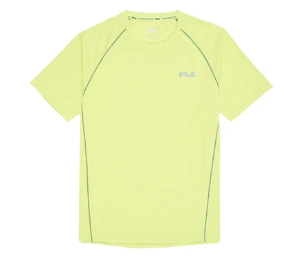 Gelbes FILA Herren-Funktionsshirt mit kurzen Ärmeln und grün abgesetzten Nähten.