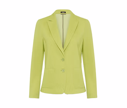 Limettengrüner Blazer mit zwei Knöpfen, zwei aufgesetzten Taschen und gestreiftem Innenfutter.