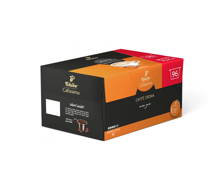 Schwarze und orangefarbene Tchibo Cafissimo Caffè Crema Großpackung mit 96 vollmundigen Kaffeekapseln.