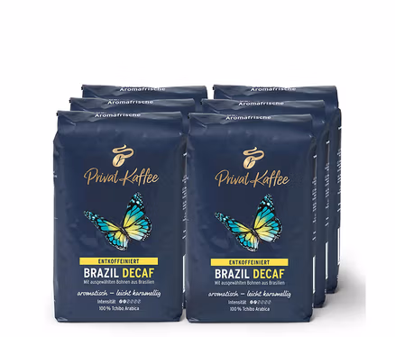 Sechs Packungen Privat Kaffee Brazil Decaf Kaffeebohnen.