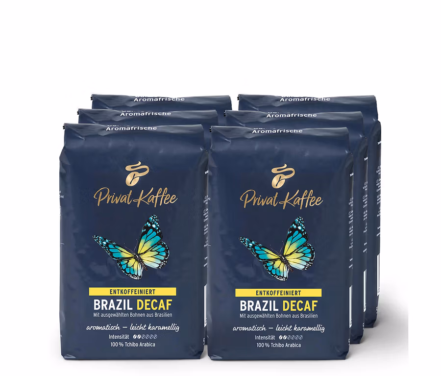 Sechs Packungen Privat Kaffee Brazil Decaf Kaffeebohnen.