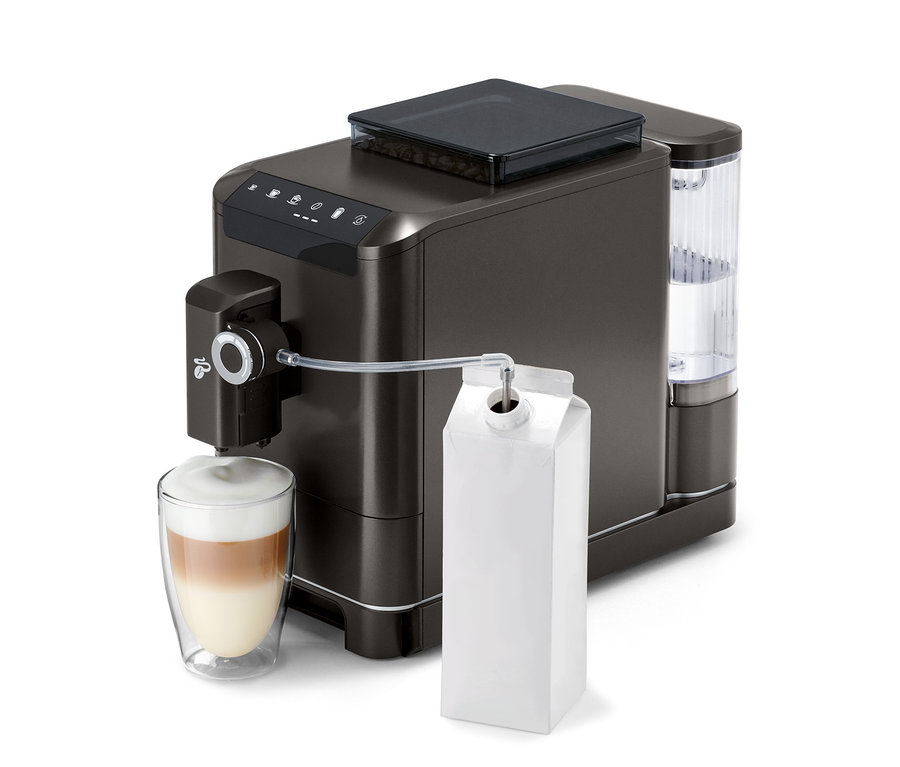 »Esperto 2 Milk« Granit Black Kaffeemaschine bereitet Getränk in Glas zu.