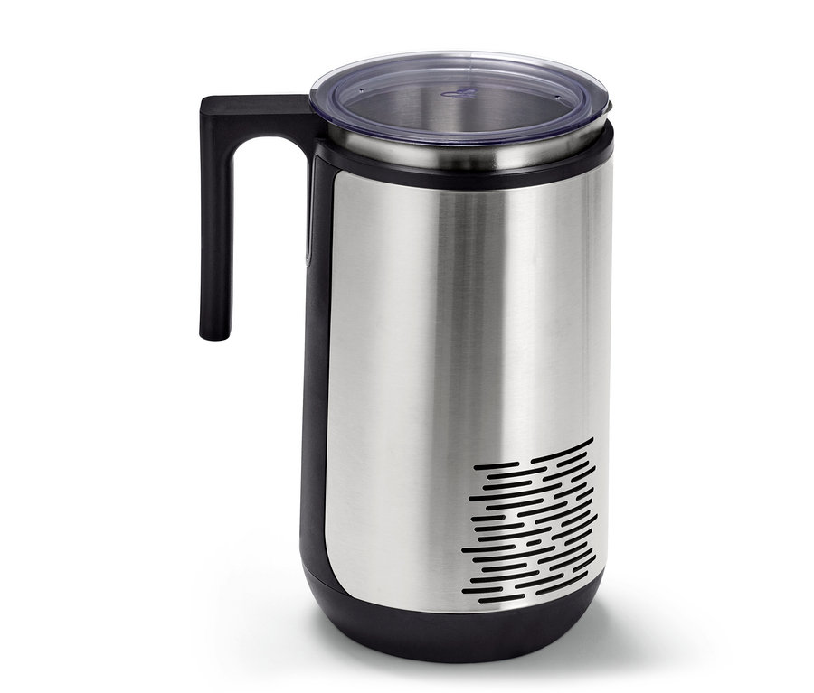 Silberne Thermoskanne mit schwarzem Griff und transparentem Deckel.