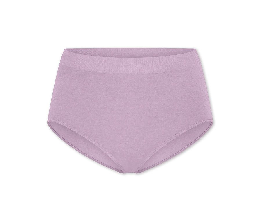 Ein einzelner lila High-Waist-Slip mit geripptem Bund auf weißem Hintergrund.