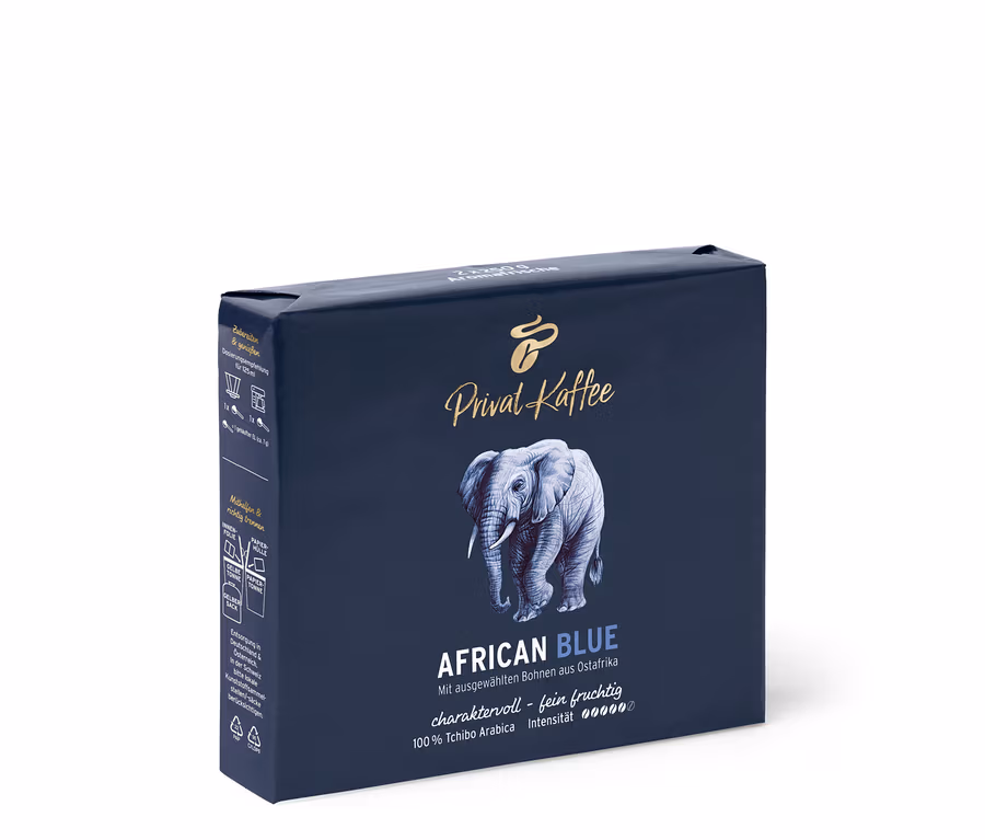 Eine Packung Privat Kaffee African Blue gemahlen mit einer Abbildung eines Elefanten.