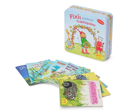 Eine Dose mit dem Aufdruck "Pixis schönste Frühlingsdose" steht über einer Fächeranordnung von Pixi-Büchern.