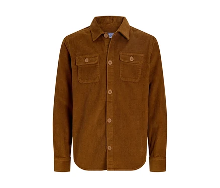 Braunes Jack&Jones Regent Cordhemd mit langen Ärmeln, zwei Brusttaschen und Knopfleiste.