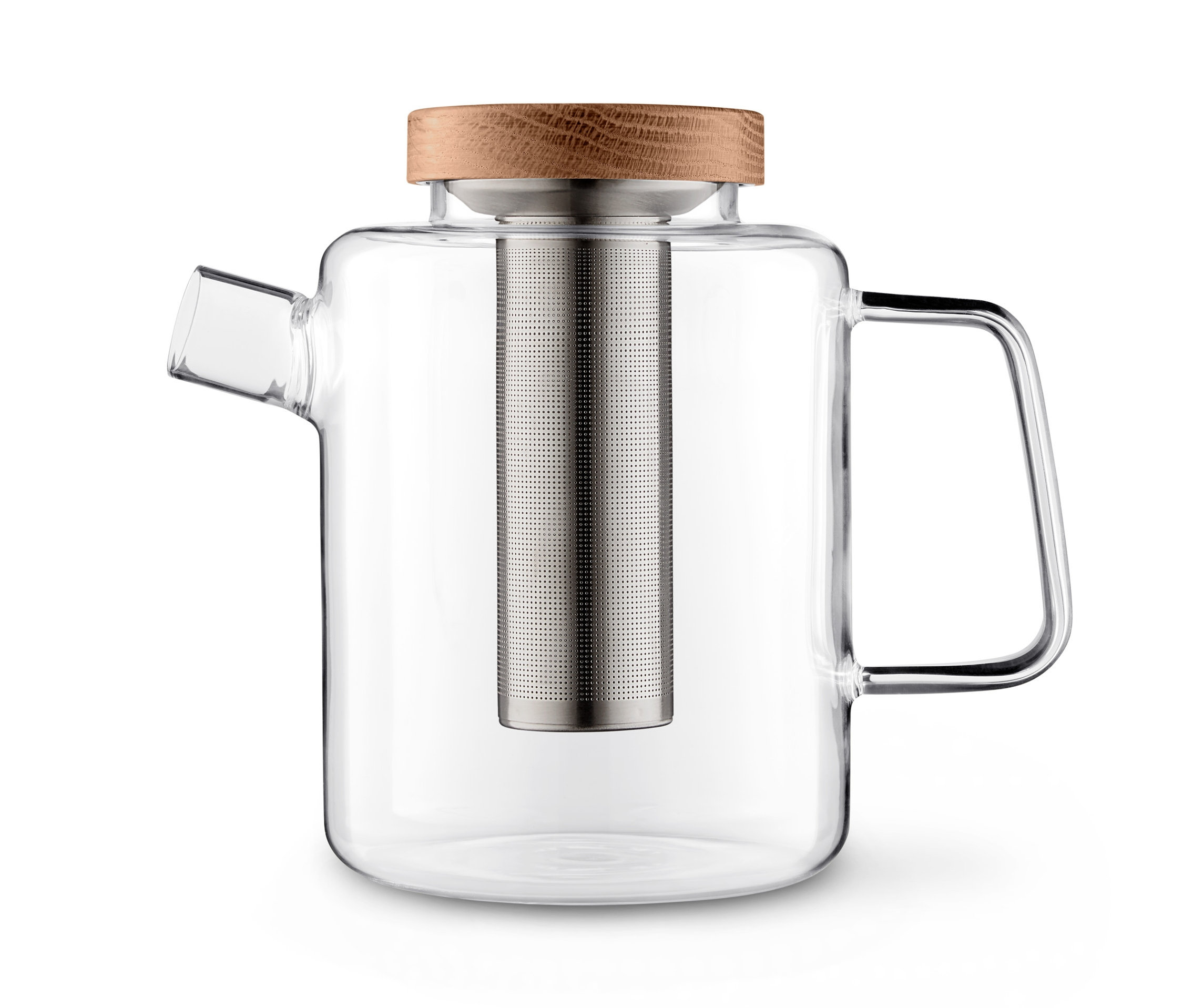Eine durchsichtige Teekanne mit Holzdeckel.