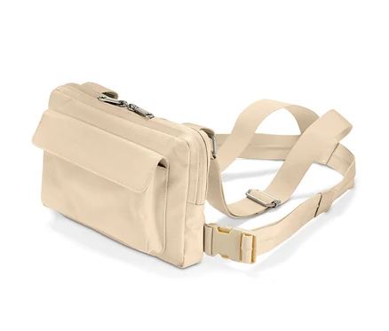 Beige variable Umhängetasche mit Gurt.