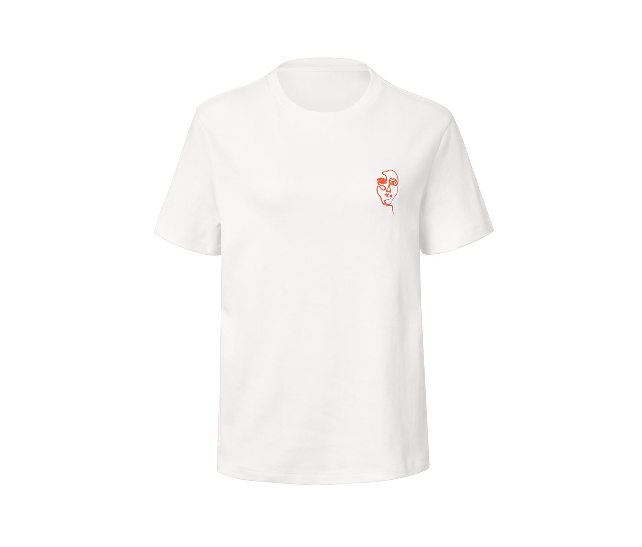 Weißes T-Shirt mit Stickerei eines Gesichts.