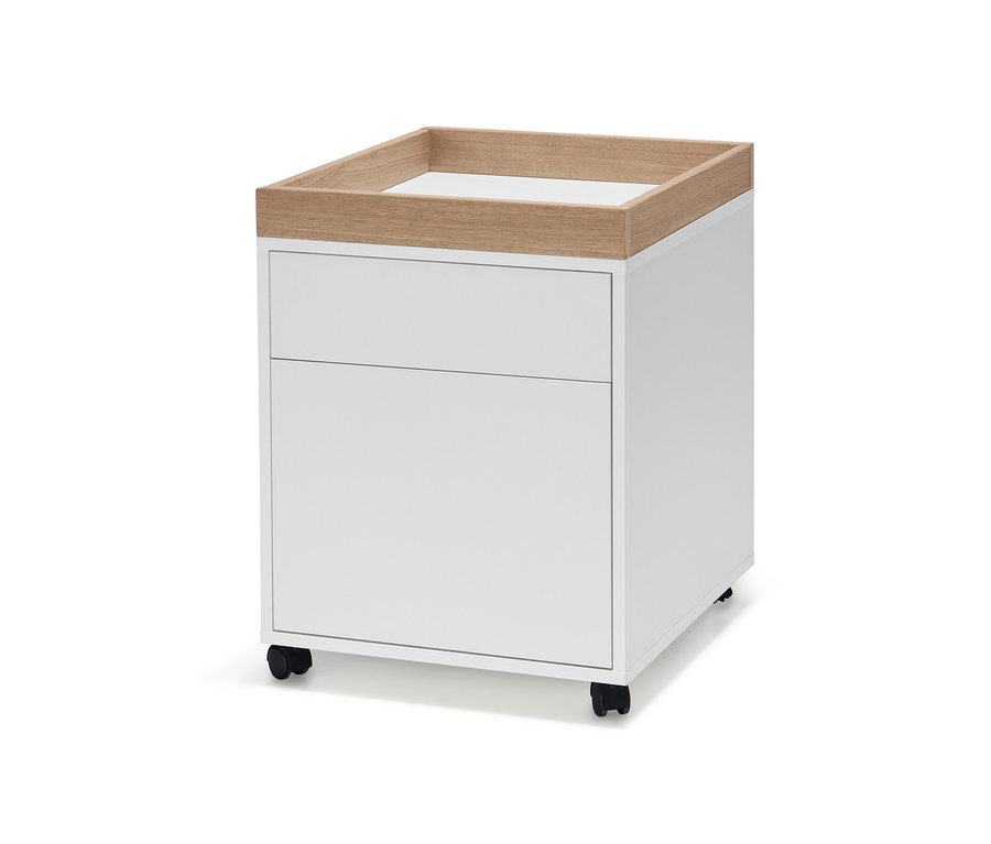 Weißer Rollcontainer mit Ablage.