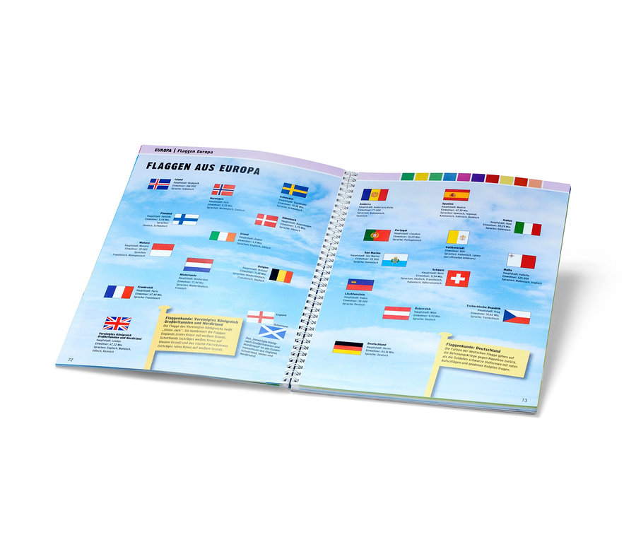 Offenes Buch mit Abbildungen der Flaggen verschiedener europäischer Länder, darunter das Buch: »Kinderatlas«.