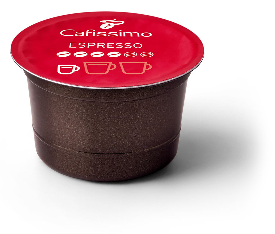 Eine einzelne Kapsel Cafissimo Espresso elegant mit rotem Deckel.