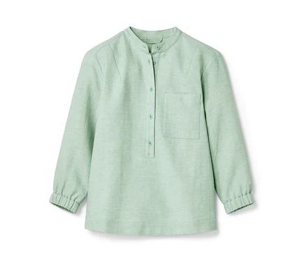 Hellgrüne Leinenbluse mit langen Ärmeln und Knöpfen. NAH/STUDIO Bluse | Baumwoll-Leinen-Mix, caribbean, Sake