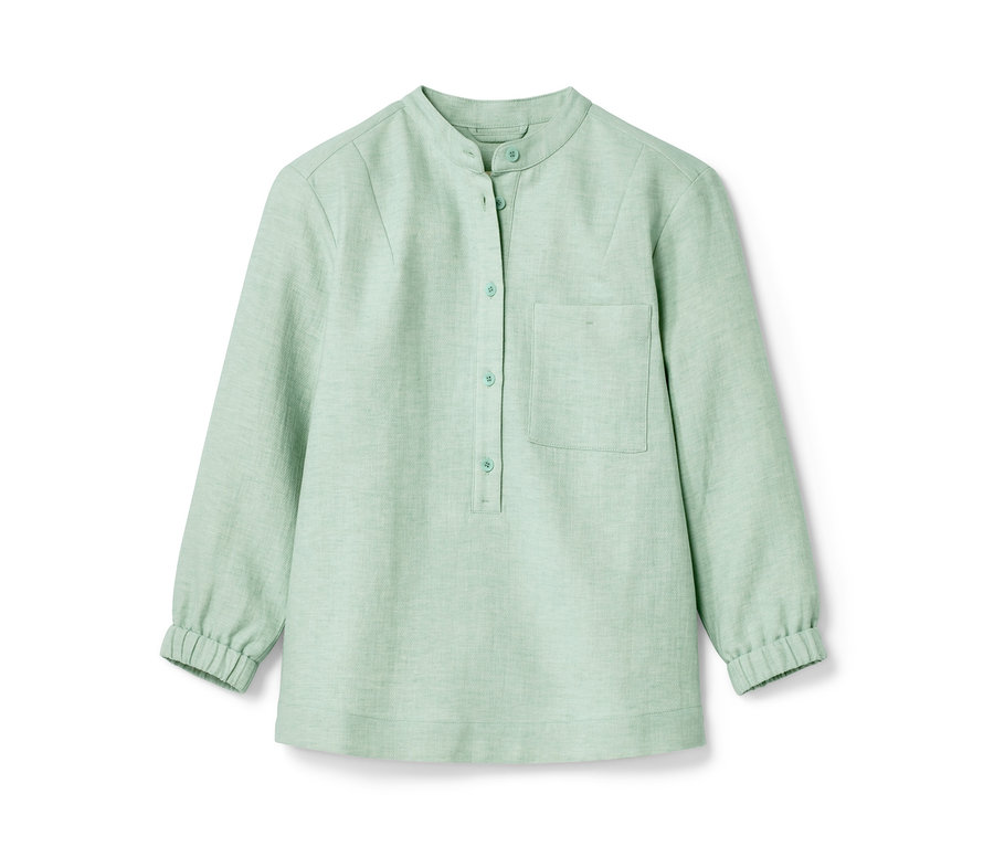 Hellgrüne Leinenbluse mit langen Ärmeln und Knöpfen. NAH/STUDIO Bluse | Baumwoll-Leinen-Mix, caribbean, Sake