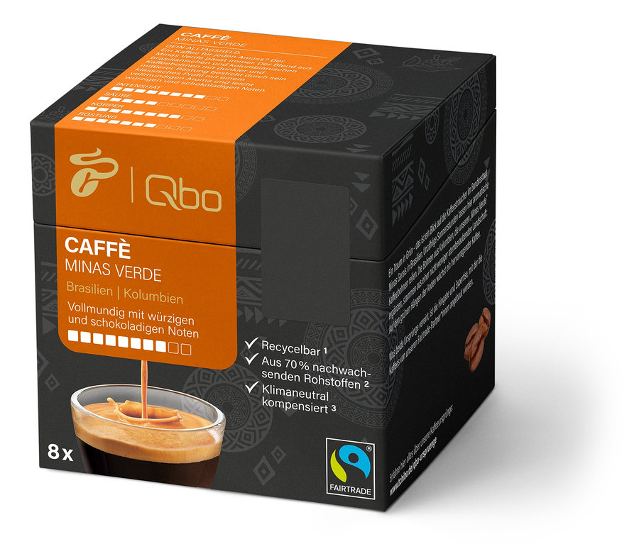 Eine Packung Qbo Caffè MINAS VERDE mit 8 Kapseln. Die Packung ist schwarz und orange.