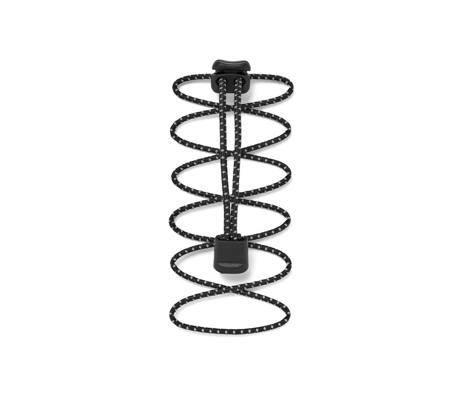 Ein schwarz-grauer elastischer Schnürsenkel mit Stopper.