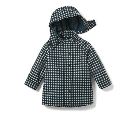 Kleinkind-Regenjacke mit Kapuze, dunkelblau-weiß kariert.