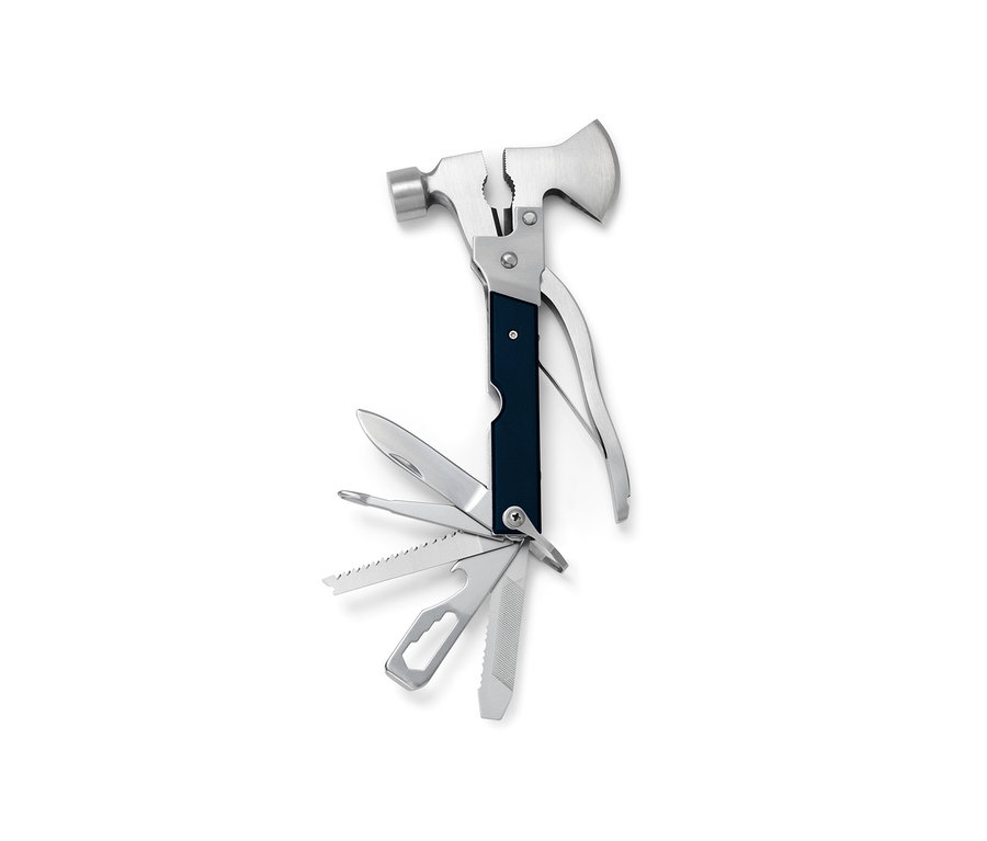 Ein Multifunktions-Werkzeug mit Hammer, Axt, Messer und Säge ist abgebildet.
