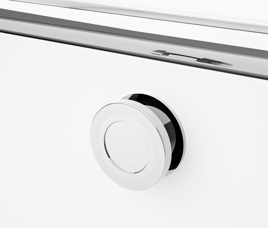 Detail eines weißen CN3 Metallmöbels mit rundem Griff.