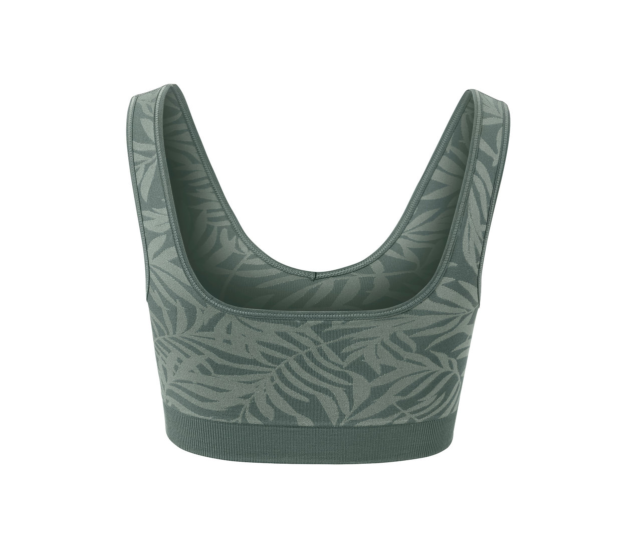 Detailansicht eines Seamless-Sport-Bustiers in Salbei mit Blattmuster.
