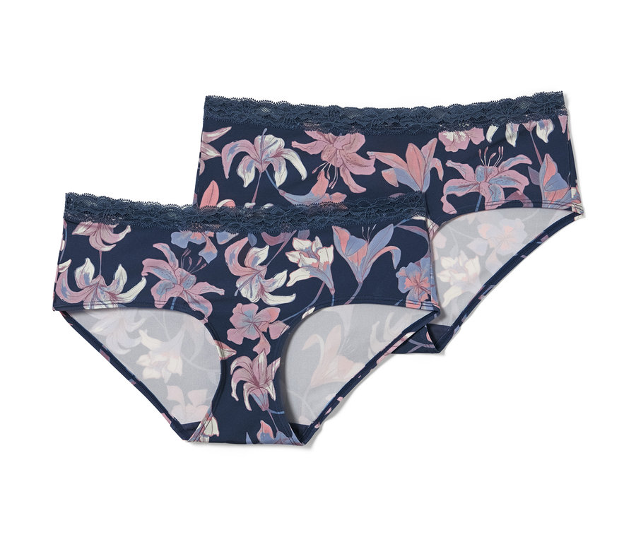 Zwei blaue Pantys mit Blumenmuster.