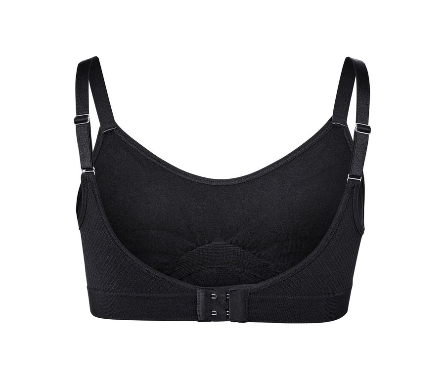 Detailansicht von hinten eines schwarzen Seamless-Sport-BHs mit verstellbaren Trägern und Hakenverschluss.