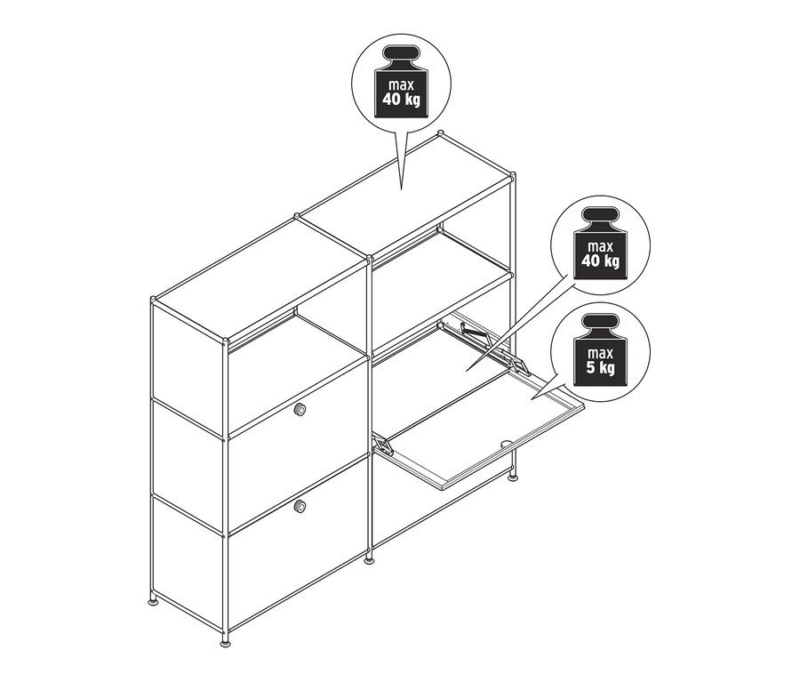 Eine schematische Darstellung einer Kommode Metall »CN3« mit versetzbaren Klappenfächern. Die maximale Belastung der oberen Ablage beträgt 40 kg, die der Ablage mit Klappfächern 5 kg.