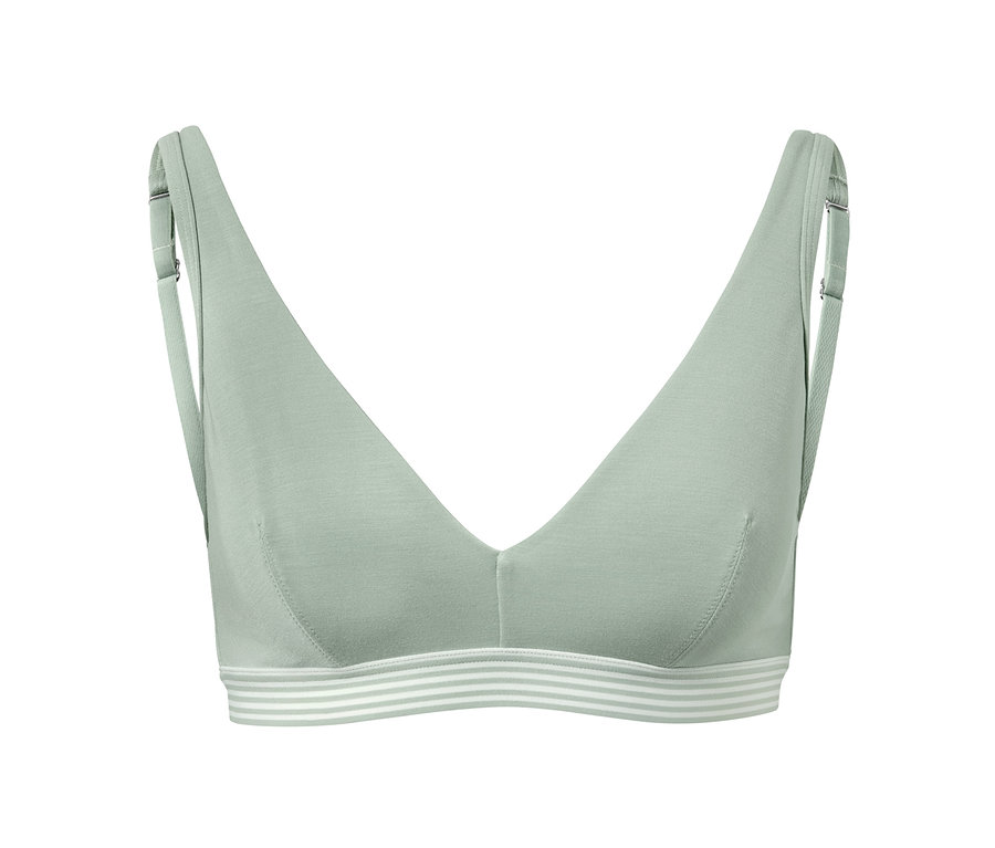 Hellgrüner Soft-BH mit dünnen Trägern und gestreiftem Saum.