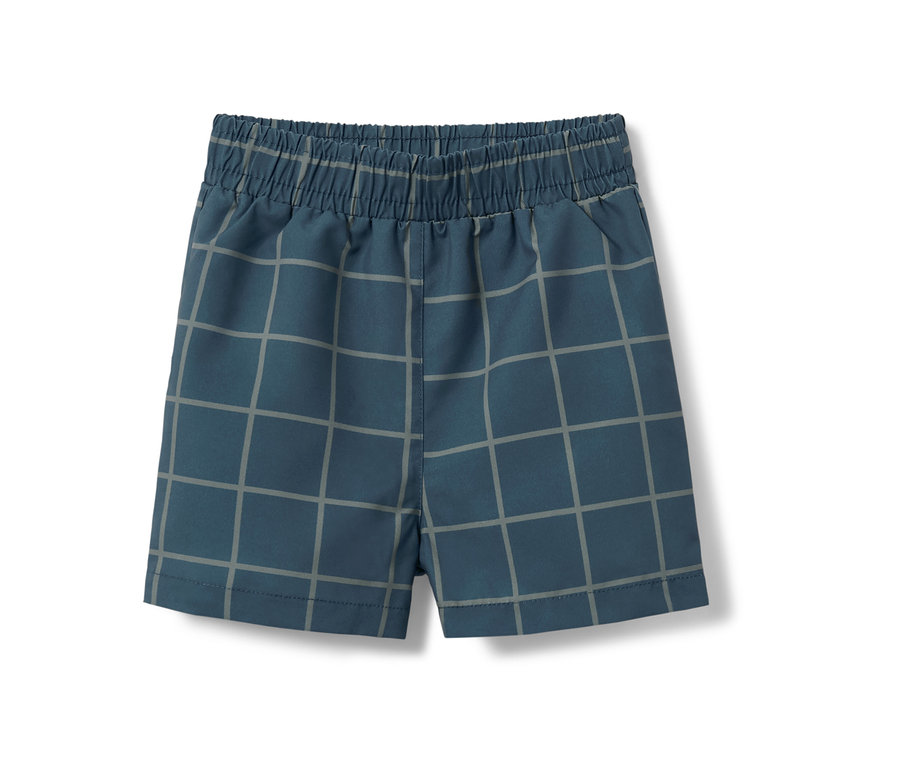 Blaue Kleinkind-Boardshorts mit grauem Karomuster.