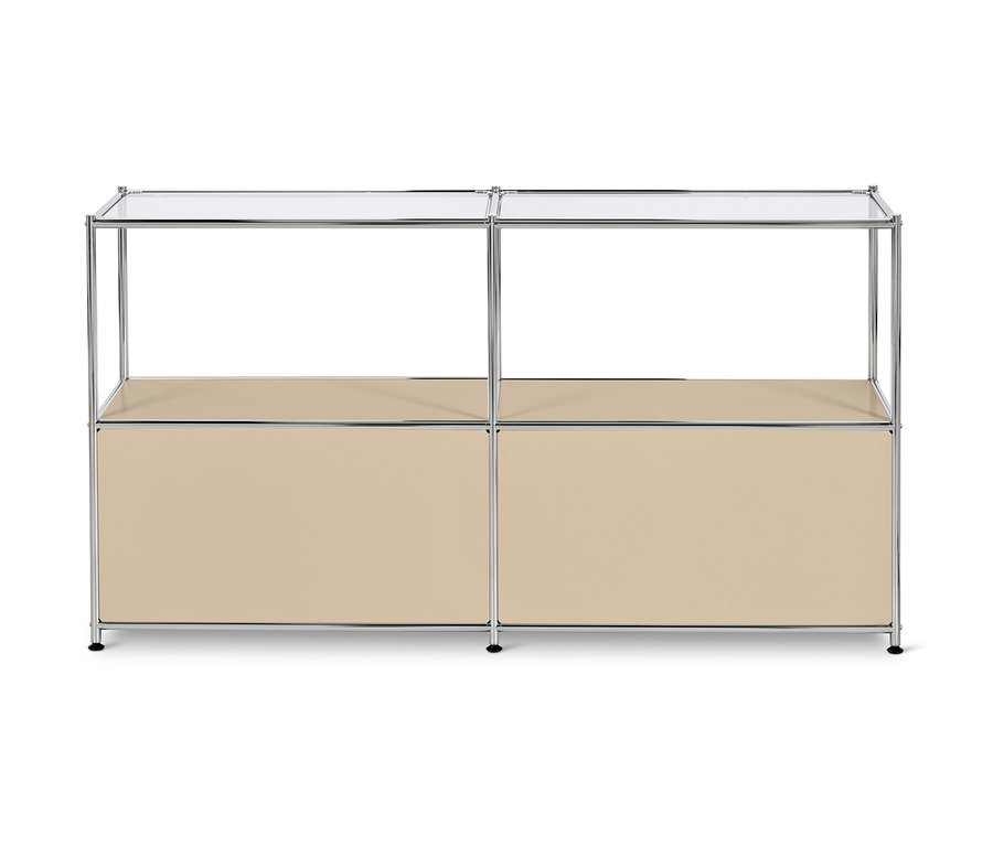 Beiges Sideboard Metall »CN3« mit 2 Klappen und Glasböden.