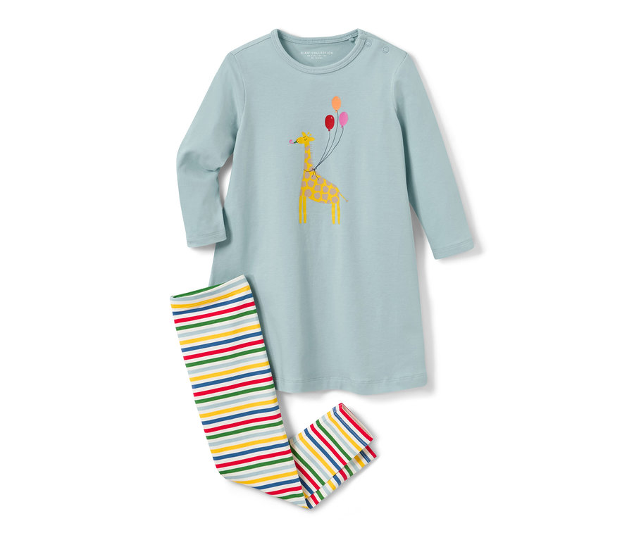 Helles blaues Kinder-Nachthemd mit einer Giraffe, die Ballons hält, und gestreiften Leggings.