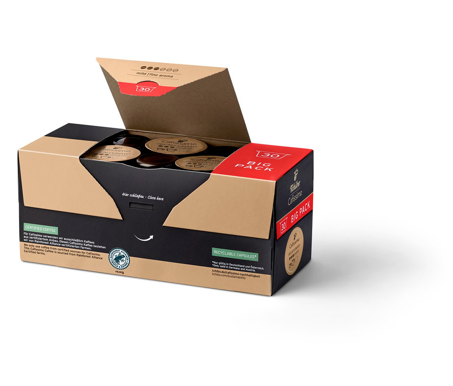 Geöffnete Packung Cafissimo Decaffeinato - entkoffeiniert - 30 Kapseln, Kaffeekapseln sind sichtbar.
