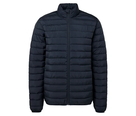 Marineblaue Steppjacke mit Kragen und Reißverschluss.
