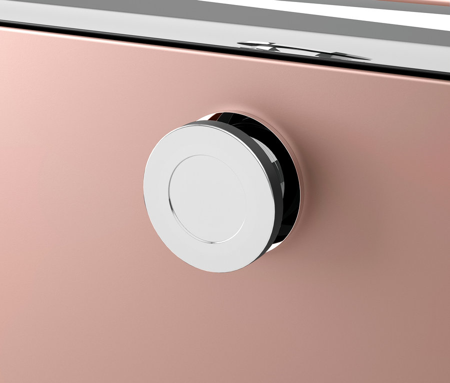 Detailaufnahme eines rosafarbenen Geräts mit Chromknopf.