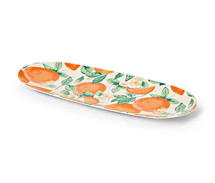Ovale Servierschale mit Orangen- und Blumenmuster.