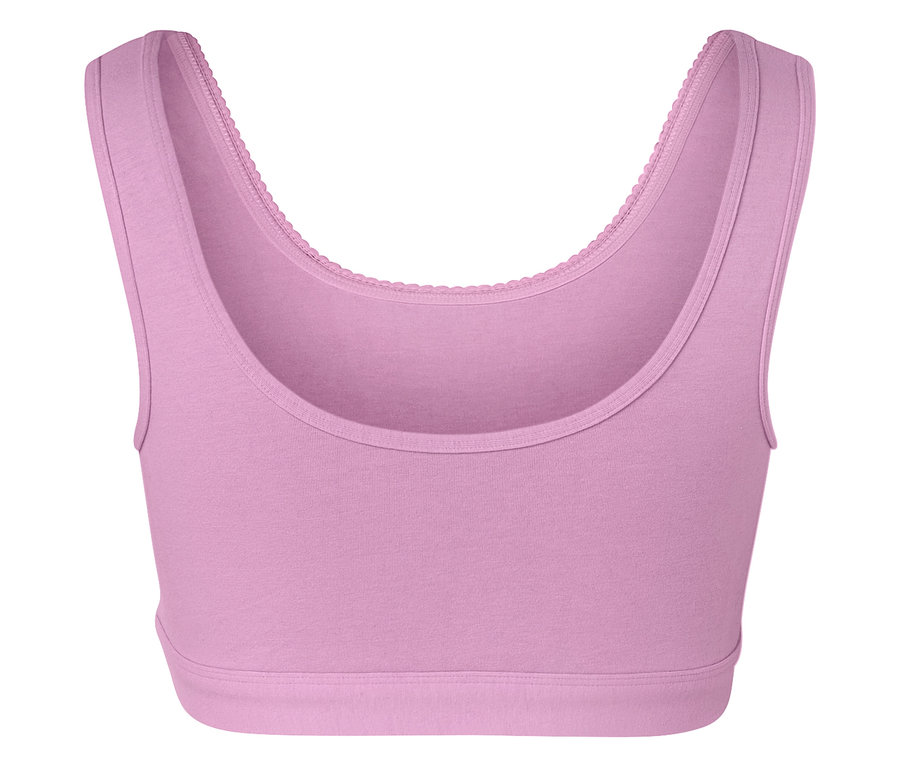 Detailaufnahme eines lilafarbenen Sport-BHs mit Zierrand.